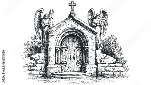 Ornate Sepulcher Entrance Guarded by Winged Angels and Stone Walls. Vector hand drawn illustration
