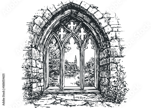 Gothic stone window frame opening to a serene landscape with distant spire. Vector hand drawn illustration