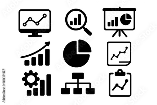 Data analysis icon set. Business intelligence graphics. Financial statistics. Analytics chart, graph, diagram vector collection for presentation, report, dashboard, infographic.