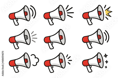 Megaphone icon set vector collection. Loudspeaker cartoon illustration. Symbol of announcement, alert, protest, and communication. Sound horn and speaker signs for design.