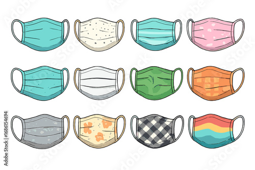 Face mask vector set. Medical surgical masks collection. Various colorful designs and patterns for virus protection. Health care, safety, and hygiene concept cartoon illustration.