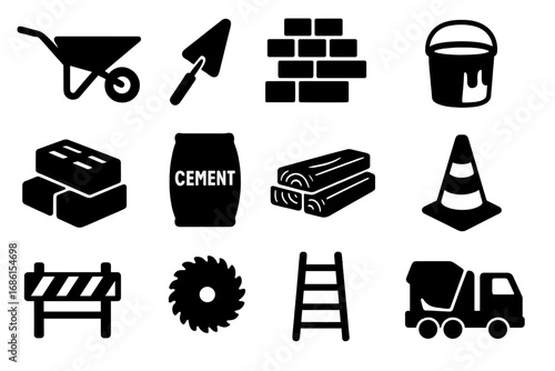 Construction materials and building tools solid icon set. Vector glyph silhouettes of wheelbarrow, trowel, brick, cement, ladder, and truck for engineering and renovation.