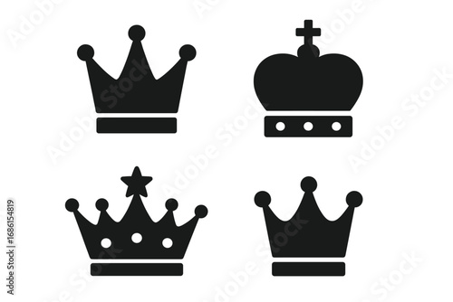 Crown solid icon set. Royalty and monarchy symbols. Majestic king, queen, prince, princess tiara collection. Vector glyphs for luxury brand logo, heraldic emblem or tattoo.