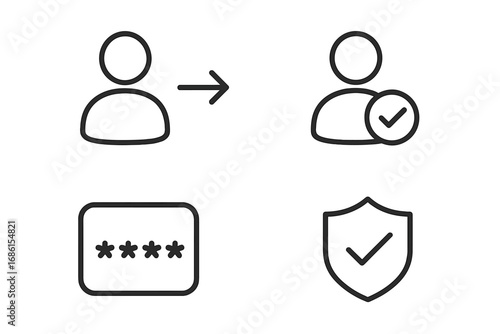 User authentication and verification icon set. Minimalistic linear symbols for login, password, secure access and account protection. Vector illustration for UI UX design.