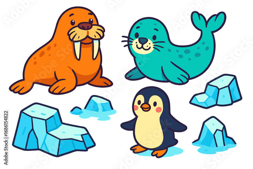 Cute cartoon arctic animal set with walrus, seal, penguin. Playful vector collection of polar wildlife characters and icebergs. Isolated illustration for children's design.