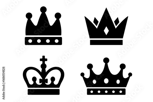 Crown solid icon set. Royal majestic king, queen, and princess symbols. Monarchy and kingdom authority concept. Simple black silhouette glyph collection. Vector illustration.