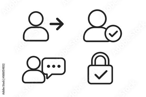 Minimalist user interface icon set. Line icons for web and mobile apps. Includes user verification, secure login, profile approval, chat, and communication symbols. Vector.