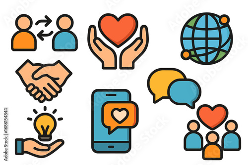 Icon set for business and community. Vector symbols of connection, communication, care, teamwork, charity, and love. Global network, social media, and new ideas concept.
