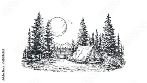 Tent pitched beside a serene lake in a forest under a large moon. Vector hand drawn illustration