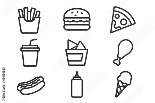 Fast food outline icon set. Minimalist vector icons of fries, burger, pizza, soda, hot dog, chicken, nachos, ice cream. Junk food linear symbols for menu, web, and apps.