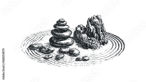 Zen Garden Stone Arrangement with Raked Sand and Pebbles. Vector hand drawn illustration