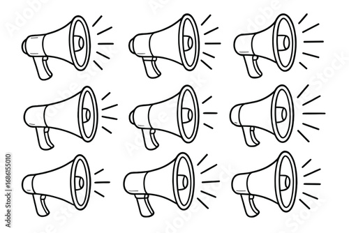Megaphone vector icon set for announcement and communication. Loudspeaker, bullhorn outline illustration. Concept for marketing, protest, news, alert and propaganda. Loud sound.