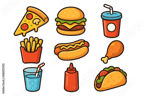 Fast food icon set. Vector cartoon illustration of pizza, hamburger, soda, fries, hot dog, taco, chicken. Colorful graphic element for menu design. Unhealthy junk food meal.