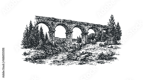 Historic stone aqueduct with arched spans crossing a stream in a wooded landscape. Vector hand drawn illustration