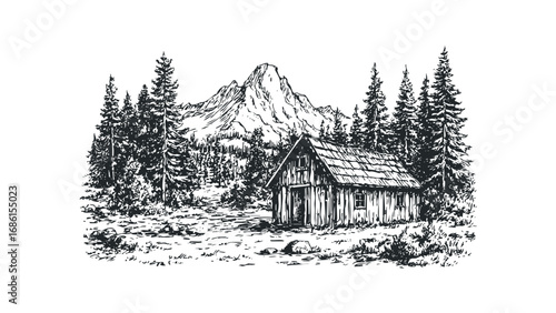 Woodsman cabin nestled among pine trees with a rocky mountain peak in the distance. Vector hand drawn illustration