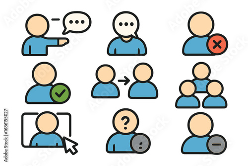 User interface icon set for UI and UX design. Collection of flat vector symbols for user management, profile status, social interaction, add, delete, group, and chat.