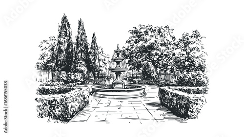 Black and white sketch of a formal garden with a tiered fountain and manicured hedges. Vector hand drawn illustration