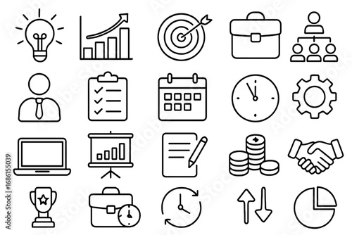 Business and productivity line icon set. Corporate strategy, finance, startup success, project management. Vector thin line pictograms for web, mobile app, presentation.
