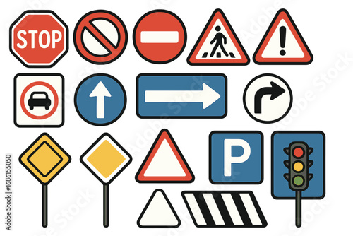 Road signs vector set. Collection of traffic signs and symbols for regulations and guidance. Street safety, warning, stop, yield, parking, pedestrian crossing, traffic light.