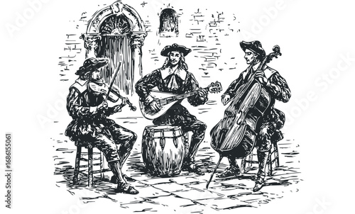 Musicians Playing String Instruments in Medieval Attire. Vector hand drawn illustration