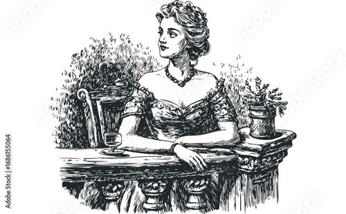 Elegant woman with elaborate hairstyle and necklace sits at a table. Vector hand drawn illustration