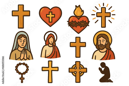 Christian religion icon set with Jesus Christ, Virgin Mary, Sacred Heart. Collection of catholic symbols like rosary, celtic cross, and praying figure. Spiritual faith vector.