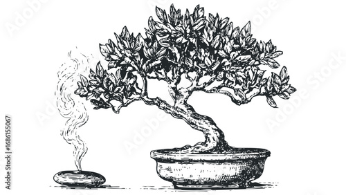 Hand drawn sketch of a potted bonsai tree with wisps of smoke. Vector hand drawn illustration