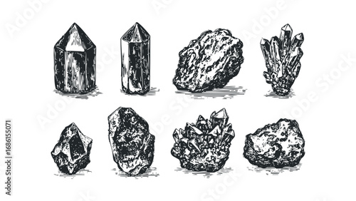 Collection of Rough Mineral Rocks and Crystals Drawn with Engraving Style. Vector hand drawn illustration