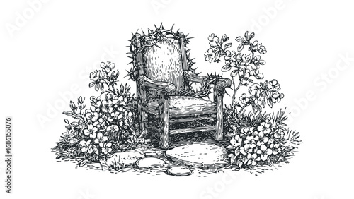 Wooden throne adorned with thorny crown and blossoming branches. Vector hand drawn illustration