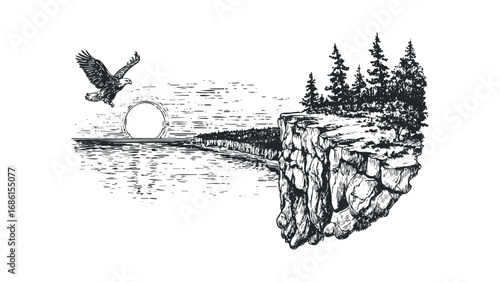 Eagle flies over water and cliff with trees at sunrise. Vector hand drawn illustration