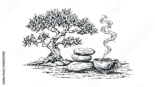 Black and white sketch of a bonsai tree with stacked stones and a steaming cup. Vector hand drawn illustration
