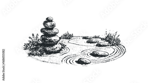 Zen garden with balanced stones and raked gravel path. Vector hand drawn illustration