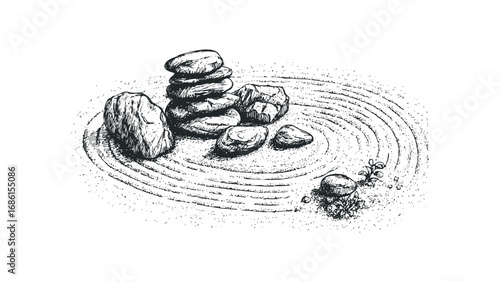 Hand Drawn Zen Garden with Stacked Stones and Raked Sand. Vector hand drawn illustration