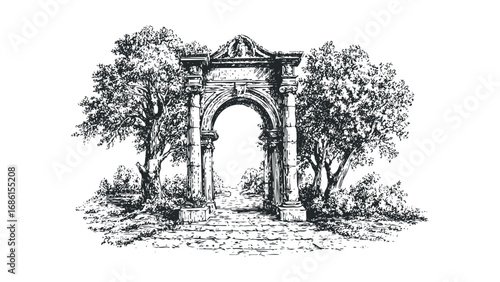 Archway in Lush Garden with Ancient Stone Columns and Trees. Vector hand drawn illustration