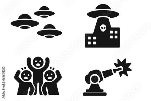Alien invasion solid icon set. UFO fleet, city attack beam, panicked crowd, and laser cannon defense. Science fiction, space war, extraterrestrial concept vector illustration.