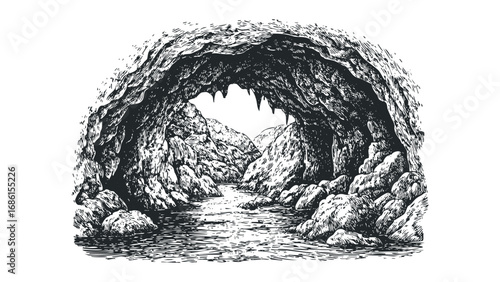 Cave entrance with river and rock formations in vintage engraving style. Vector hand drawn illustration