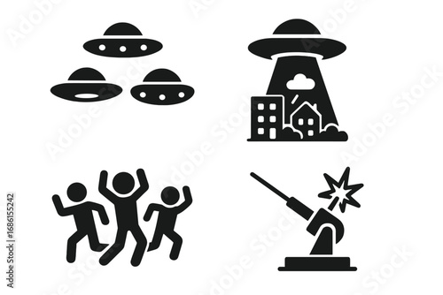 Alien invasion icon set. UFO fleet attacking city with beam. Panicked crowd running from spaceships. Laser cannon defense weapon. Sci-fi glyph symbols vector illustration.