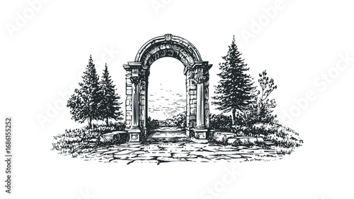 Architectural archway with trees and stonework detail. Vector hand drawn illustration
