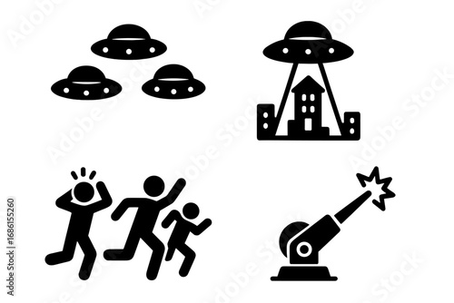 Alien invasion solid glyph icon set. UFO fleet attacking city with a tractor beam. Panicked crowd running from a laser cannon. Sci-fi war vector silhouette symbols.