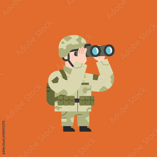 A soldier in camouflage gear using binoculars against an orange background.