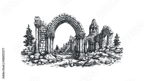 Hand Drawn Sketch of Ancient Stone Ruins with Arch and Tower on Transparent Background. Vector hand drawn illustration
