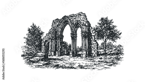 Old stone archway ruins with trees on transparent background. Vector hand drawn illustration
