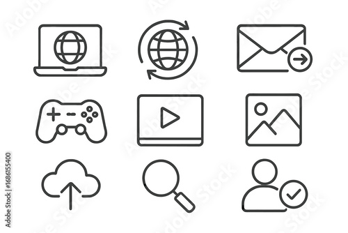 Modern outline icon set for web and mobile apps. Vector symbols for digital technology, internet, communication, business, multimedia, gaming, and user interface design.