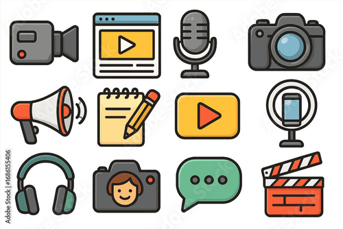 Vlogger and streamer icon collection. Content creation and multimedia production vector set. Flat design cartoon symbols of camera, microphone, ring light for social media marketing.