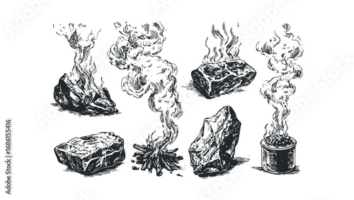 Collection of hand-drawn smoky rocks and campfire elements on transparent background. Vector hand drawn illustration