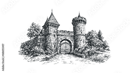 Sketch of a fortified castle entrance with arched gateway and towers surrounded by foliage. Vector hand drawn illustration