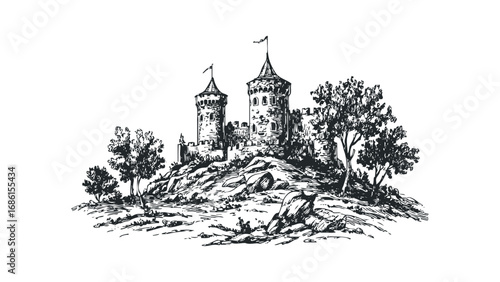 Ink sketch of a medieval castle with towers on a rocky hill amidst trees. Vector hand drawn illustration