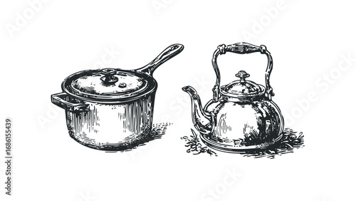 Vintage kitchenware including a pot with lid and a kettle rendered in a sketchy drawing style. Vector hand drawn illustration