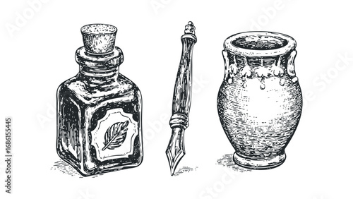 Vintage Ink Bottle, Quill Pen, and Vase Line Drawing. Vector hand drawn illustration