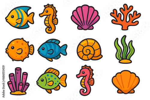 Cute marine life icon set with sea animals. Cartoon vector collection of fish, seahorse, shell, coral, seaweed, and pufferfish. Kawaii underwater characters for kids.